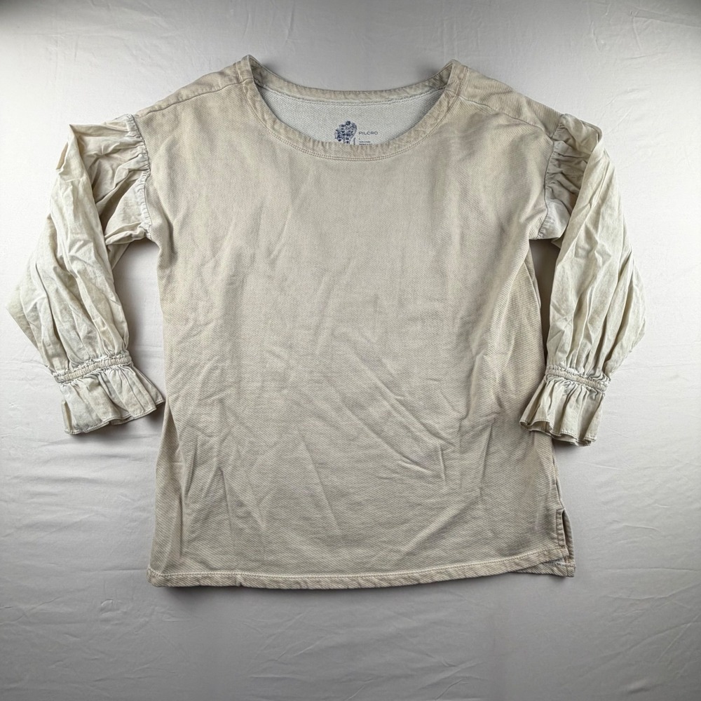Anthropology Pilcro Media Puff Slev Sweatshirt Womens Large Beige Smock Top 0200 - Picture 2 of 6